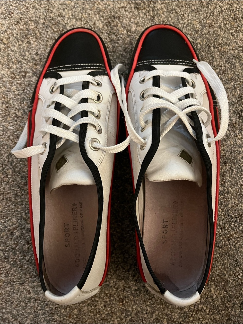 Donald J Pliner white canvas and black leather sneakers with red trim. - Picture 2 of 9